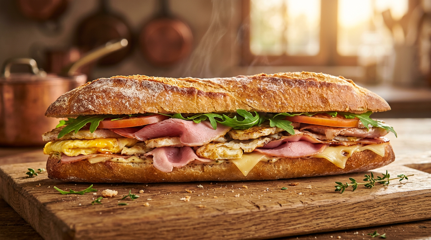 Bocadillo de jamón, queso y huevo en pan crujiente