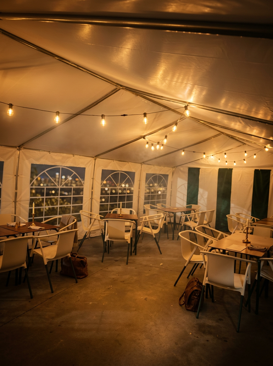 Carpa interior de LA PISTA con luces cálidas