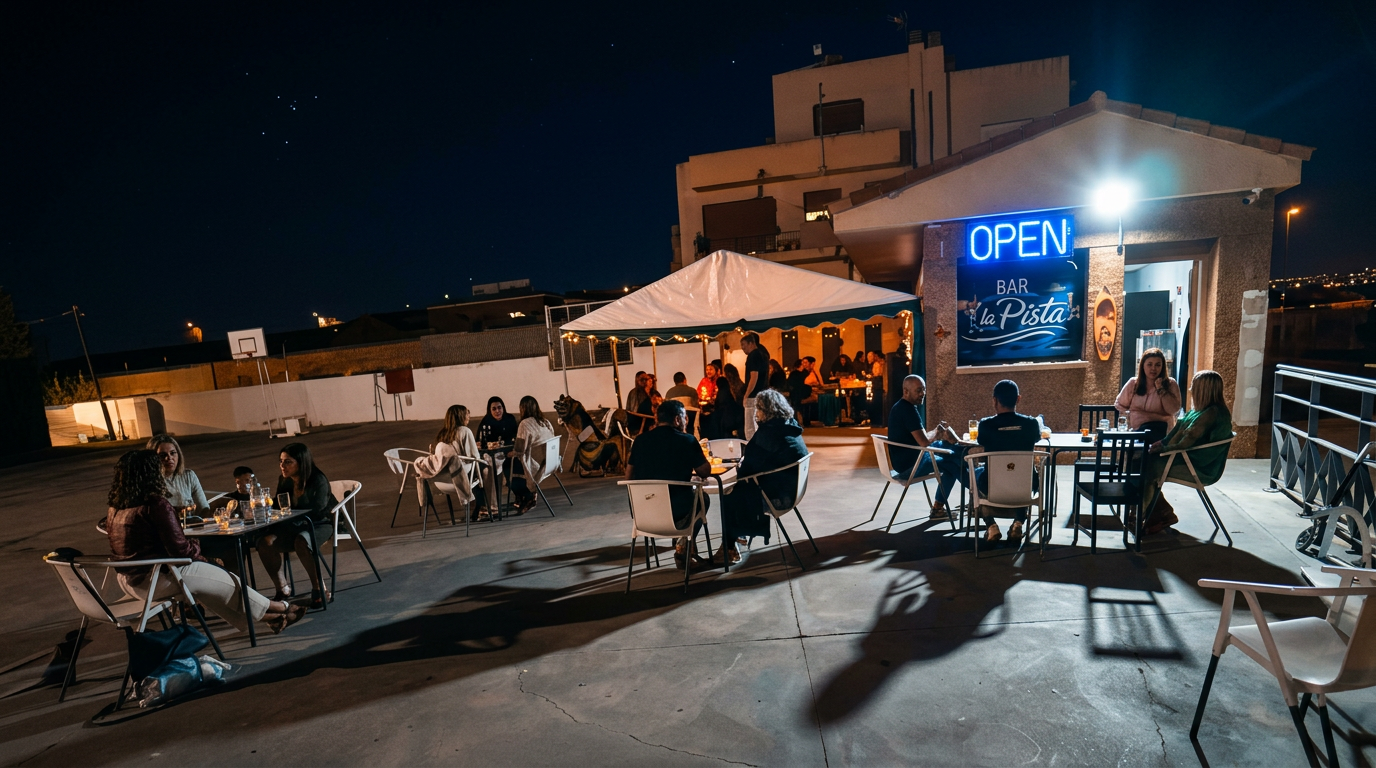 LA PISTA de noche con cartel de neón